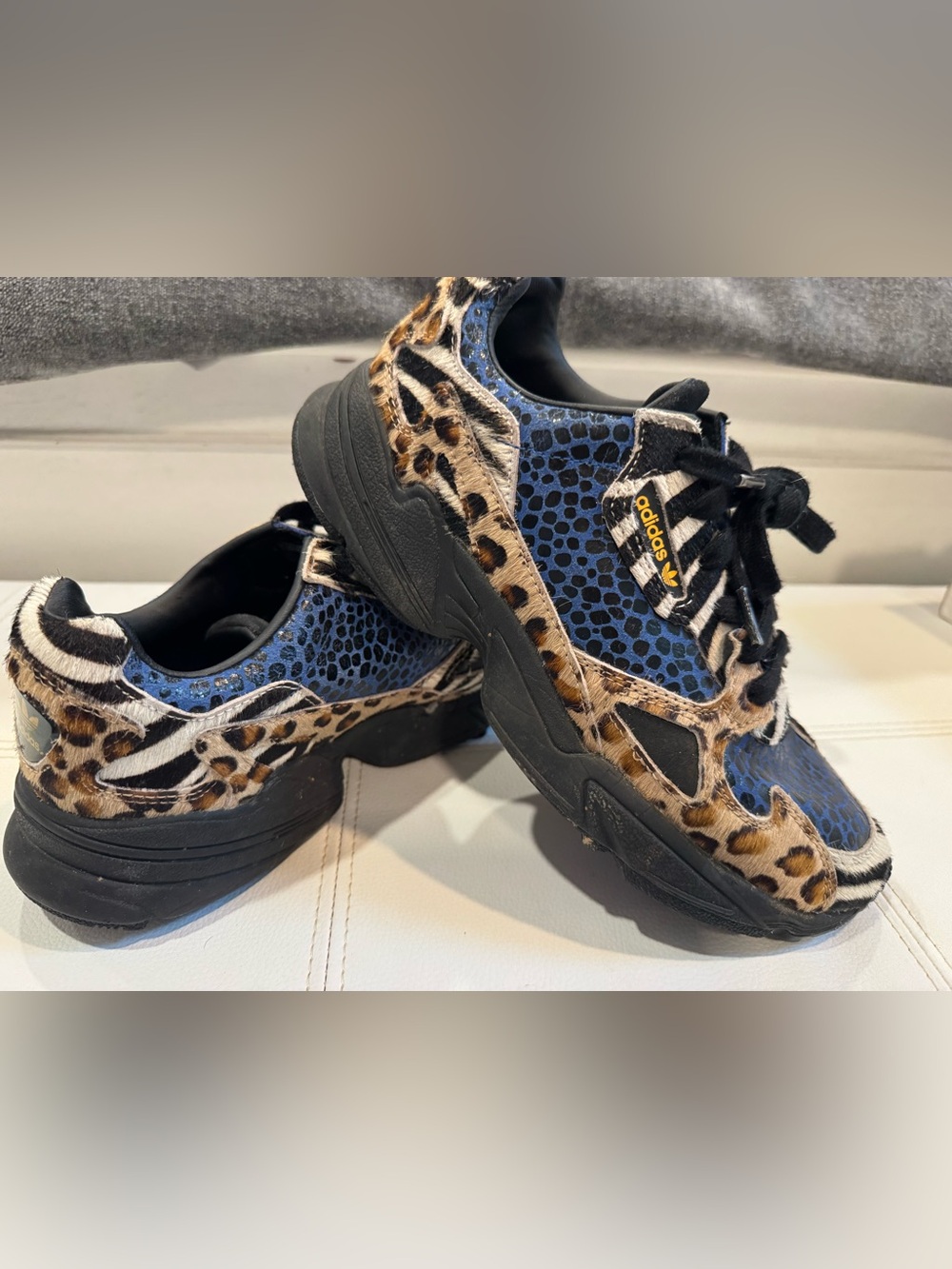 Adidas Falcon Leopard Mixed-Animal Print Sneakers in Blue, Black & Tan